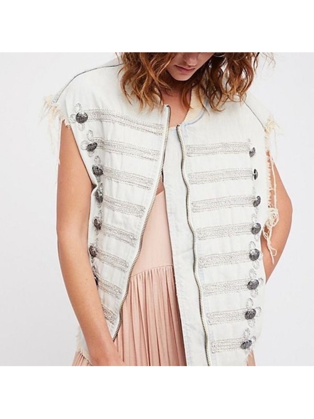 FREE PEOPLE Festival Military Zip Up Vest Light Wash Denim 100% Cotton XS/S - Picture 8 of 8
